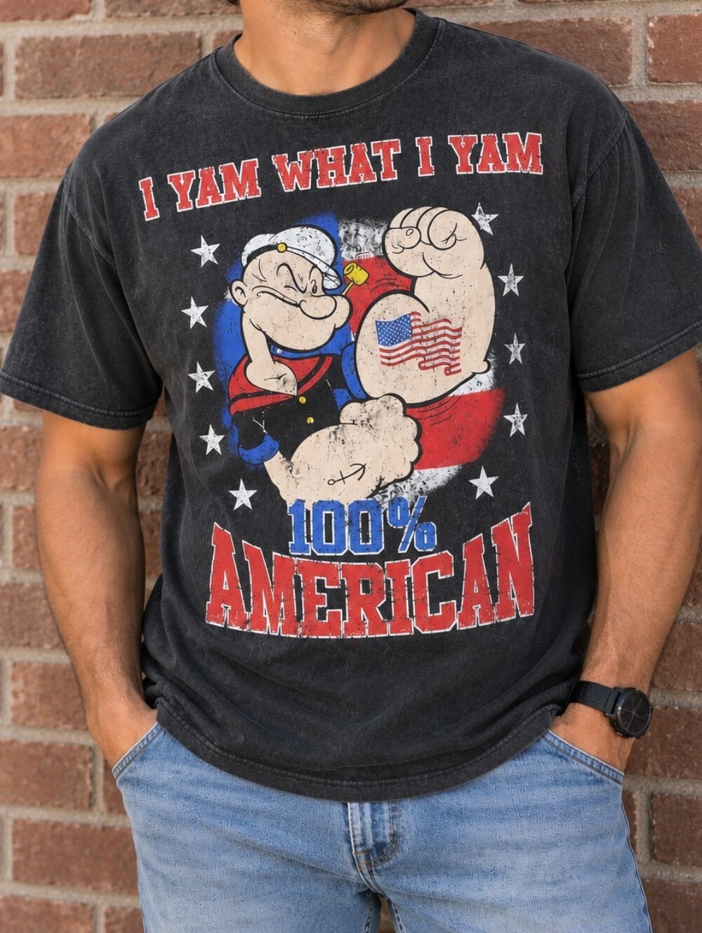 Popeye 100% American Graphic T-Shirt Men’s XL Black Vintage Style Tee -R
